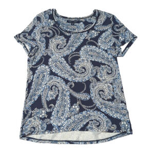 Tommy Hilfiger Womens Tee Shirt Paisley Cutout Neck Navy Blue Short Sleeve Large